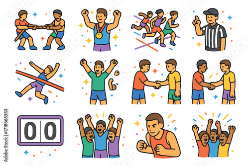 Iconic Competitive Moments. Colorful isometric vector icons set of iconic competitive moments: tug of war tension moment, gold