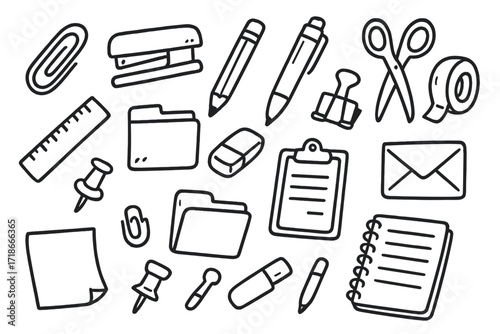 Office Supplies Doodles. Hand-drawn doodle illustration [Stationery and office supplies] [paperclip, stapler, pencil, pen, scissors, ruler, eraser, folder,