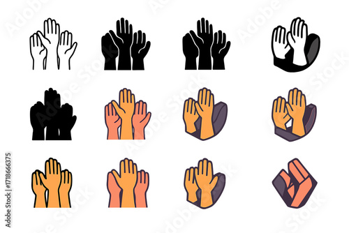 Unity Hands Logo. Set Logo of women's empowerment: raised hands in unity. Logo set in vector style, emblematic variations. line, bold thick line, solid black