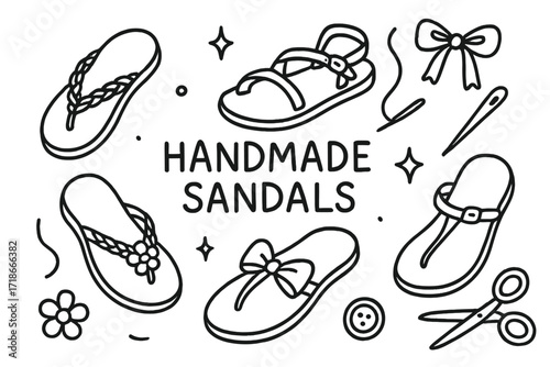 Handmade Sandals Doodle. Hand-drawn doodle illustration Handmade Sandals [braided strap, leather sandal, sole outline, thong sandal, buckle strap, stitch