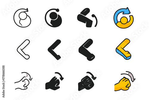 Throwing Mechanics Icons. Icon Set of Throwing Mechanics: Shoulder rotation, Elbow extension, Wrist snap. Icons set in vector style, emblematic variations.