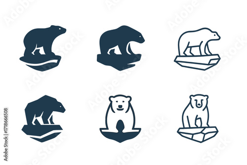 Polar Bear Protection Logos. Fauna protection. Set Logo of Fauna protection: polar bear on ice floe. 6 harmonious logo variations