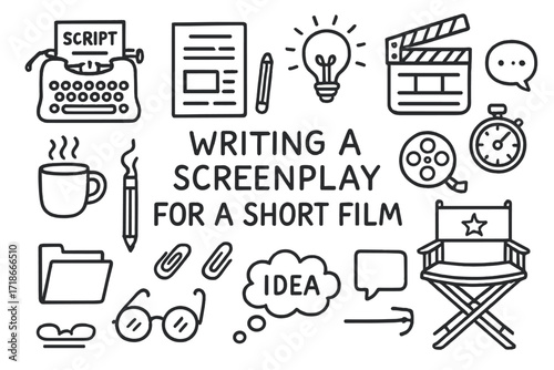 Screenwriting Essentials Doodle. Hand-drawn doodle illustration [Writing a screenplay for a short film] [typewriter, script page, pencil, coffee mug,