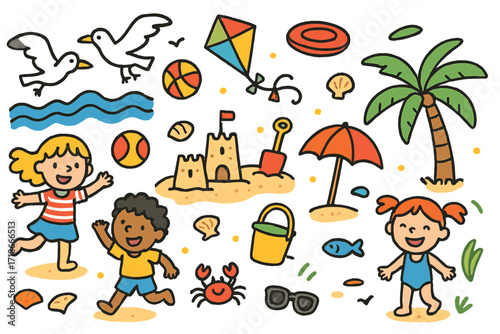 Beachside Fun Doodles. Colorful Hand-drawn doodle Children illustration Seagulls flying with children on the beach seagulls, kite, frisbee, bucket, spade,