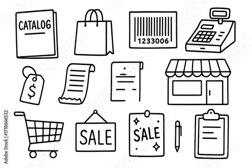 Retail Doodle Icons. Retail. Hand-drawn doodle illustration catalog, shopping bag, barcode, cash register, price tag, receipt,