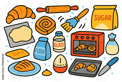 Colorful Pastry Doodle. Colorful Hand-drawn doodle Children illustration Pastry Baking croissant, danish, puff pastry, rolling pin, pastry brush, dough, baking