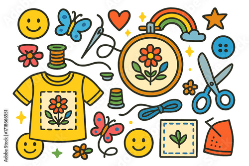 Whimsical Embroidery Doodle. Colorful Hand-drawn doodle Children illustration Artisan Embroidery shirt, hoop embroidery, needle, thread, scissors, flower