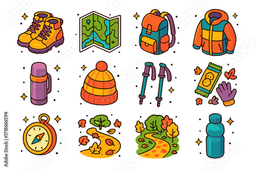 Autumn Hiking Essentials. Colorful isometric vector icons set of autumn hiking essentials: hiking boots, trail map, backpack, thermos, wool hat, layered