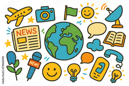 Global Journalism Icons. Colorful Hand-drawn doodle Children illustration global journalism globe, newspaper, airplane, camera, microphone, star, flag, cloud,