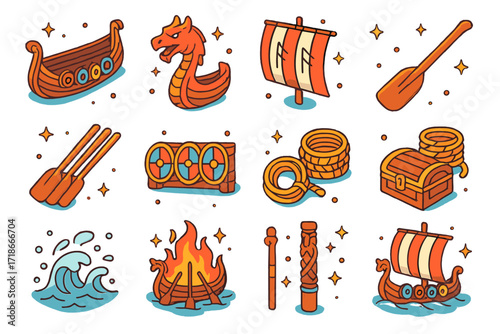 Viking Longship Icon Set. Colorful isometric vector icons set of Viking longship elements: longship hull, dragon-headed prow,