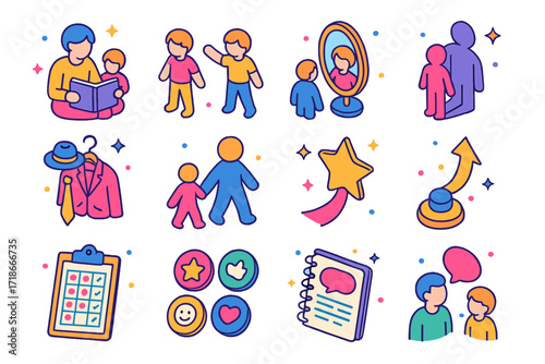 Role Model Icons. Colorful isometric vector icons set of Role modeling and imitation: parent reading book, child copying action,