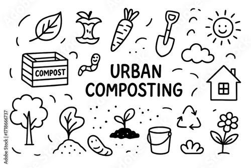 Urban Composting Doodles. Hand-drawn doodle illustration Urban composting [compost bin, leaf, apple core, carrot, shovel, worm, soil, bucket, recycle symbol,