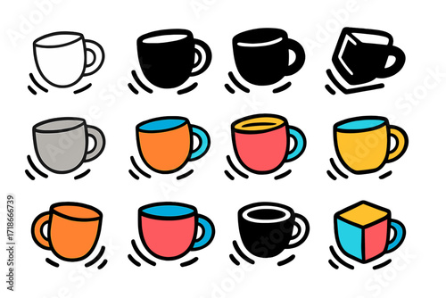Shaking Coffee Cup Logos. Set Logo of Withdrawal Symptoms: shaking coffee cup. Logo set in vector style, emblematic variations. line, bold thick line, solid