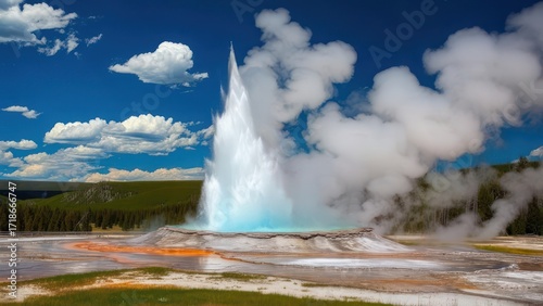Wallpaper Mural Powerful geyser erupting white steam against vibrant blue sky and lush green landscape, capturing nature's raw energy and beauty Torontodigital.ca