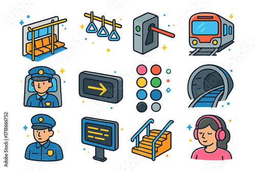 Subway Vector Icons. Colorful isometric vector icons set of Riding the subway: subway car interior, standing handrails, turnstile gate, arriving train, train