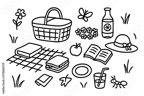 Meadow Picnic Icons. Hand-drawn doodle illustration meadow picnic basket, blanket, sandwich, apple, lemonade bottle, book, flower crown, sunhat, ant, napkin,