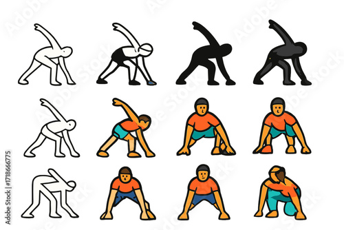 Athlete Logo Set. Set Logo of Athletes Warming Up: Sprinter full-body stretch. Logo set in vector style, emblematic variations. line, bold thick line, solid