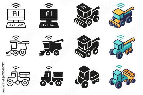 Future Farming Icons. Icon Set of Future Farming: AI control hub, Autonomous combine, Self-driving seed planter. Icons set in vector style,