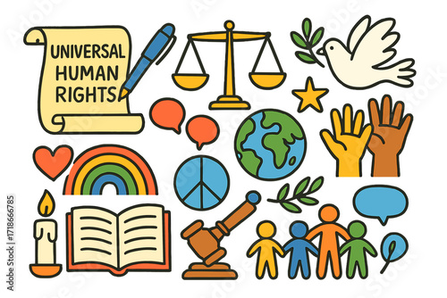 Universal Rights Imagery. Colorful Hand-drawn doodle Children illustration Universal human rights declaration scroll, pen, open book, balance scales, earth