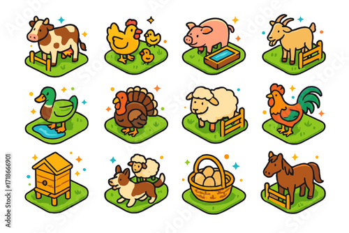 Farm Animals Icons. Colorful isometric vector icons set of farm animals on small farms: cow, chicken, pig, goat, duck, turkey, sheep, rooster, horse, beehive,