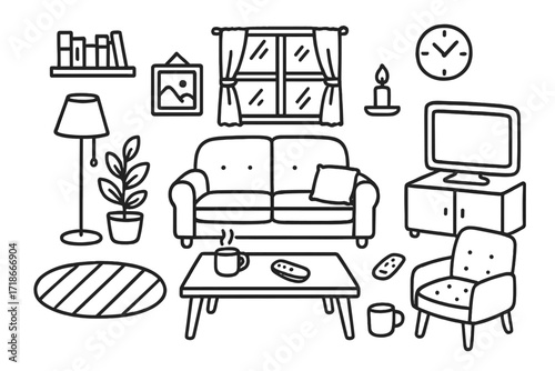 Cozy Living Room Doodle. Hand-drawn doodle illustration Living room [sofa, coffee table, lamp, rug, plant, bookshelf, clock, window, picture frame, candle,