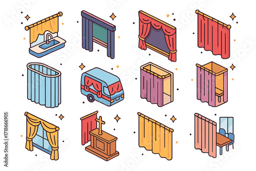 Colorful Curtain Icons. Colorful isometric vector icons set of curtain uses in different spaces: kitchen sink curtain, classroom blackout curtain, theater