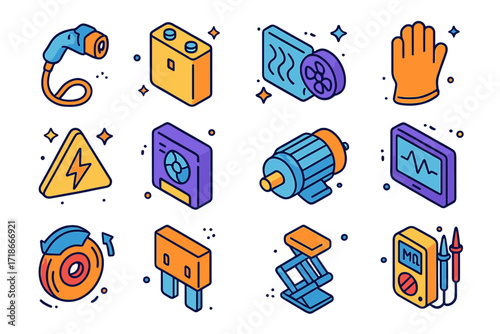 Electric Vehicle Icons. Colorful isometric vector icons set of electric vehicle maintenance: EV charging cable, battery cell, cooling system, orange safety