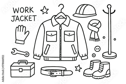 Work Gear Doodle. Hand-drawn doodle illustration Work jacket [jacket, pocket, zipper, collar, gloves, boots, helmet, toolbox, wrench, belt, hanger, coat rack,