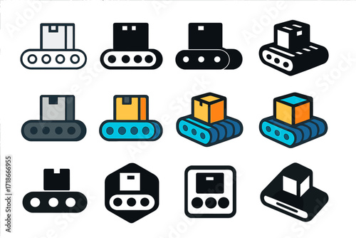 Factory Automation Logos. Set Logo of Factory automation system: Conveyor belt with packages. Logo set in vector style, emblematic variations. line, bold thick