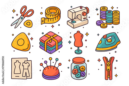 Sewing Icons Collection. Colorful isometric vector icons set of sewing and tailoring: scissors, measuring tape, sewing machine, cotton thread set, tailor?s
