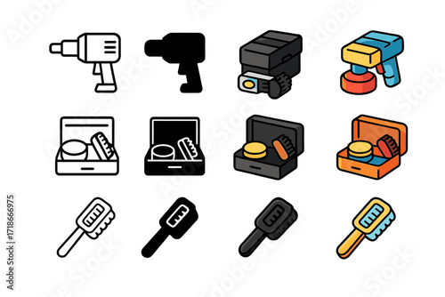 Shoe Care Icon Set. Icon Set of Polishing Shoes Professional Tools: Electric polisher, Shoe care kit, Suede brush. Icons set in vector style, emblematic