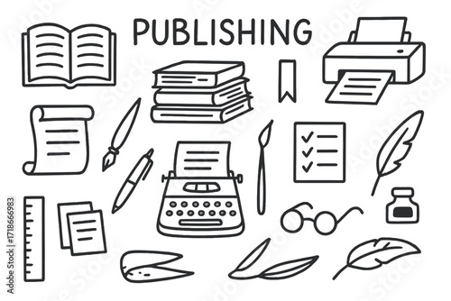 Publishing Tools Icons. Publishing. Hand-drawn doodle illustration open book, stack of books, printer, typewriter, scroll, ink pen, paper sheets, ruler,