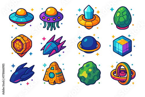 Colorful Alien Spaceships Icons. Colorful isometric vector icons set of alien spaceship designs: saucer UFO, tentacle cruiser, crystal-powered ship, organic