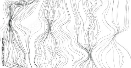 Abstract artwork featuring flowing, converging, and diverging lines creating a dynamic and fluid composition on a white background.