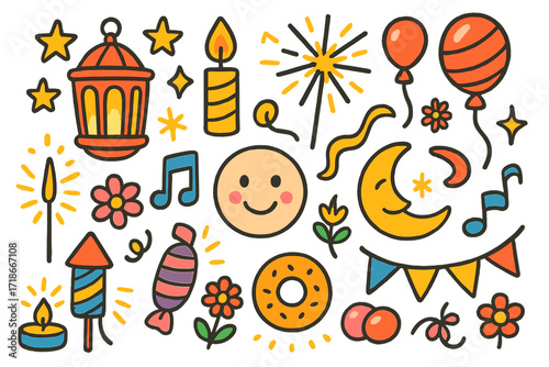 Festival of Lights Celebration. Colorful Hand-drawn doodle Children illustration Festival of Lights lantern, candle, sparkler, stars, glow trail, happy face,