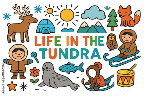 Tundra Life Doodles. Colorful Hand-drawn doodle Children illustration Life in the Tundra [reindeer, igloo, sled, fish, snowflake, owl, fox, cloud, sun,