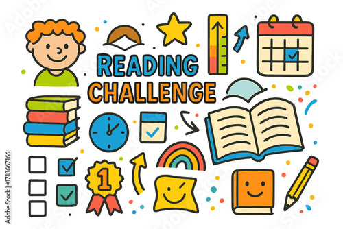 Reading Challenge Fun. Colorful Hand-drawn doodle Children illustration Reading challenge tracker book stack, open book, star sticker, smiling child, bookmark,