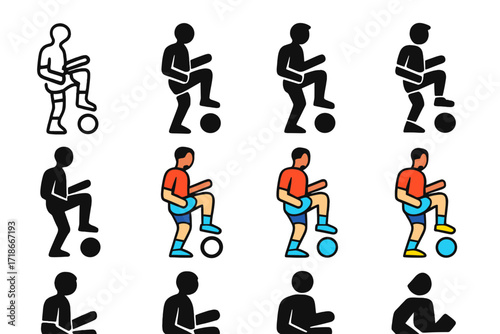 Athlete Logo Variations. Set Logo of Athletes Warming Up: Soccer player knee lifts. Logo set in vector style, emblematic variations. line, bold thick line,