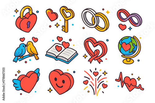 Colorful Love Icons. Colorful isometric vector icons set of love symbols and icons: heart lock, key to heart, intertwined rings, infinity heart, lovebirds,