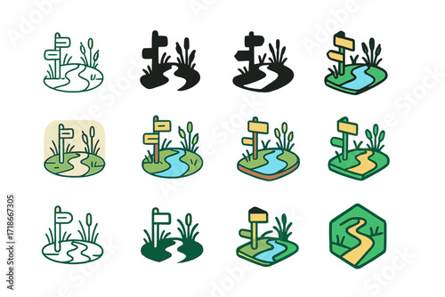 Wetland Trail Logos. Set Logo of Wetland Trail: Pathway with educational signs. Logo set in vector style, emblematic variations. line, bold thick line, solid