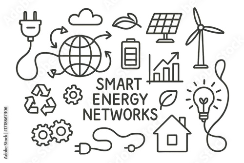 Smart Energy Doodle. Hand-drawn doodle illustration Smart energy networks [globe, nodes, arrows, plug, battery, solar panel, wind turbine, chart, gears,
