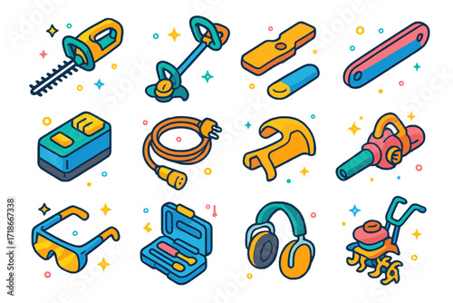 Garden Tools Icons. Colorful isometric vector icons set of power garden tools: electric hedge trimmer, string trimmer, lawnmower blade, chainsaw bar, battery