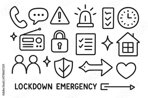 Lockdown Communication Doodles. Hand-drawn doodle illustration Lockdown emergency communication [phone, chat bubble, alert triangle, siren, radio, lock,