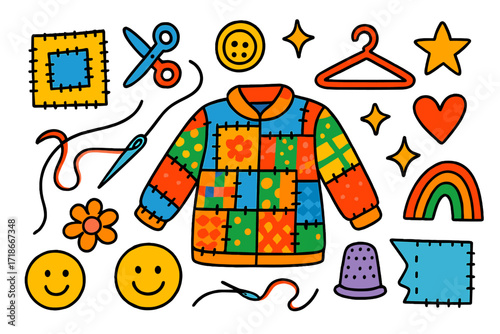 Patchwork Joy Icons. Colorful Hand-drawn doodle Children illustration Patchwork Clothing patch, quilted jacket, scissors, needle, thread spool, button, hanger,