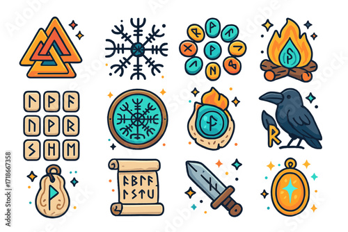 Colorful Rune Symbols. Colorful isometric vector icons set of runes and symbols: Valknut triangle, Helm of Awe, rune stones in circle, Elder Futhark runes,