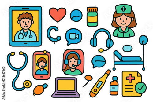 Telehealth Doodle Art. Colorful Hand-drawn doodle Children illustration Remote care and telehealth [tablet, smartphone, doctor on screen, stethoscope, heart