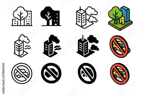 Air Quality Icon Set. Icon Set of Air Quality Protection: Urban tree canopy, Air filter station, Emissions ban symbol. Icons set in vector style, emblematic