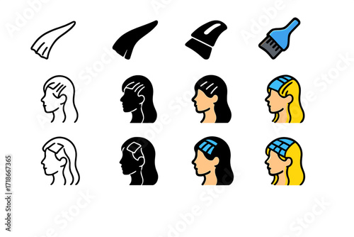 Hair Highlight Icon Set. Icon Set of Highlight Techniques: Balayage brush stroke, Partial foils, Full head foils. Icons set in vector style, emblematic
