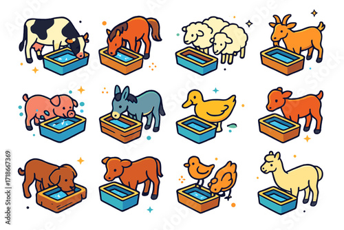 Livestock at Watering Troughs. Colorful isometric vector icons set of Livestock at watering troughs: cow drinking, horse with muzzle in trough, sheep gathered