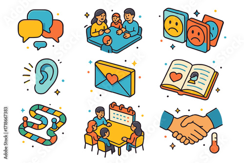Family Communication Icons. Colorful isometric vector icons set of Family communication and connection: group chat messages, dinner conversation, emotion